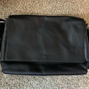 Men's Black Leather Coach Messenger Laptop Bag